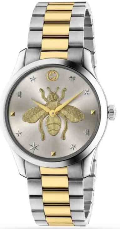 Gucci G-Timeless 38mm watch with two-tone bracelet, bee dial, and star indexes