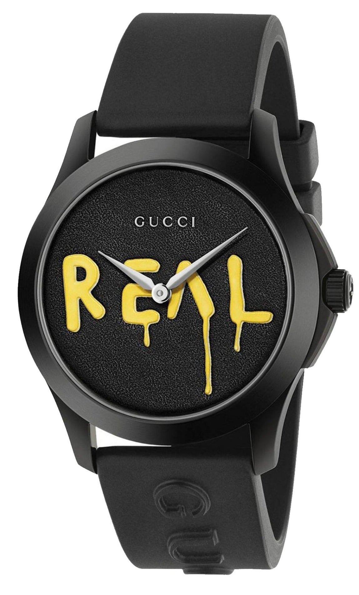 Gucci G Timeless Ghost watch front view with black dial and yellow REAL graphic