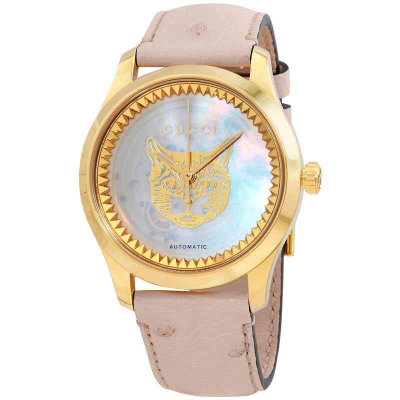Gucci G Timeless skeleton watch with 16K gold case, mother of pearl dial, golden skeleton hands, and pink leather strap