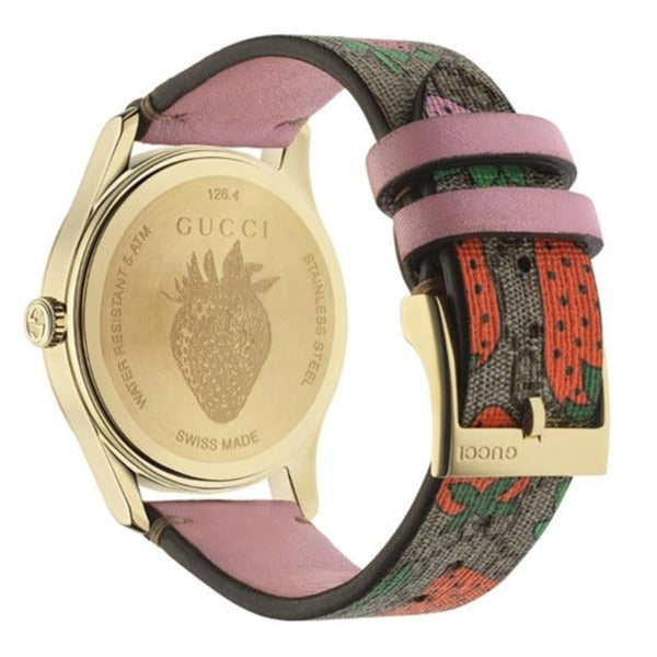 Gucci G-Timeless caseback engraved with strawberry motif, Swiss made text, and model details