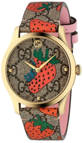 Gucci G-Timeless watch with gold case, strawberry and GG monogram fabric strap, colorful dial