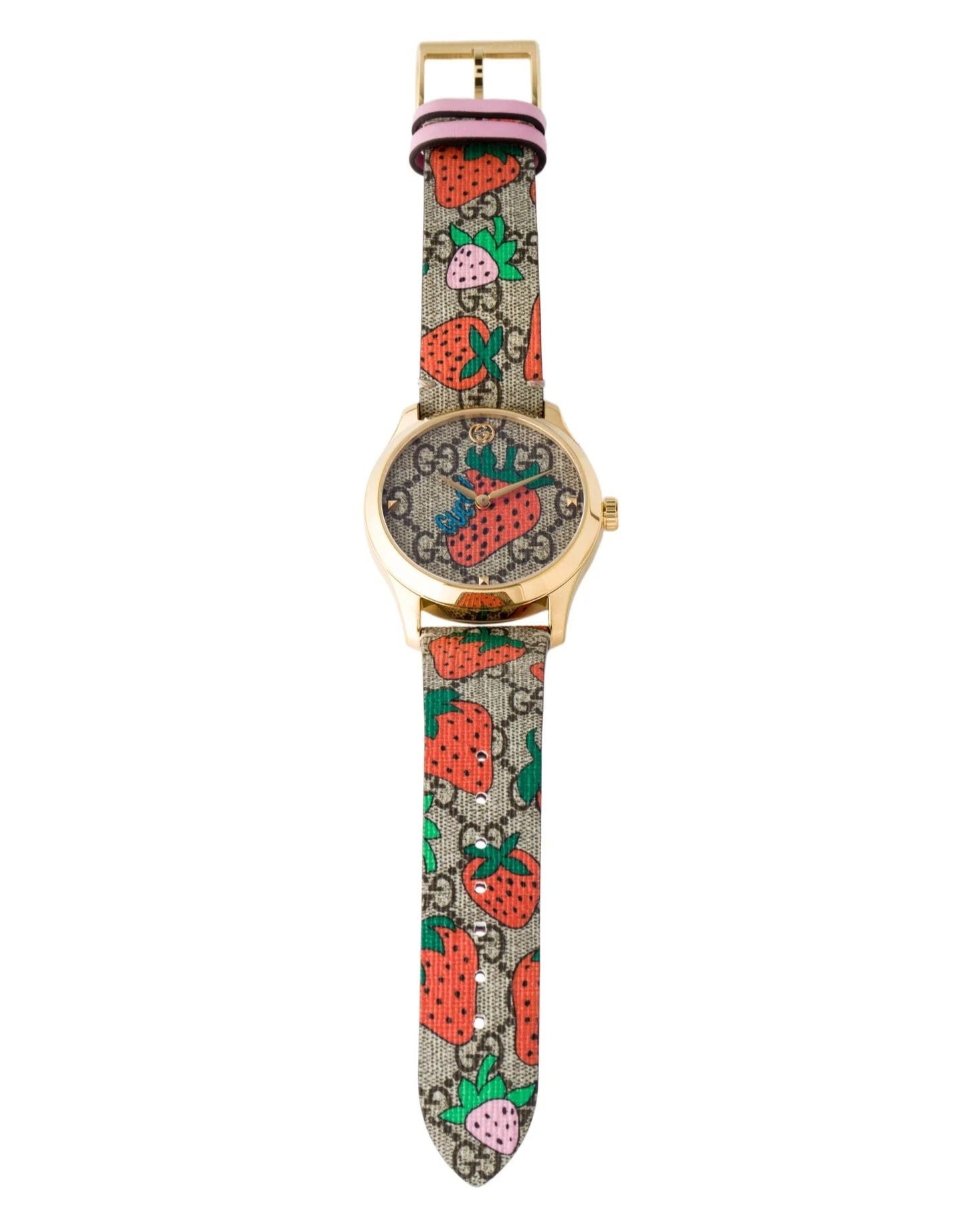 Gucci G-Timeless strawberry watch displayed on full strap length with pink leather backing