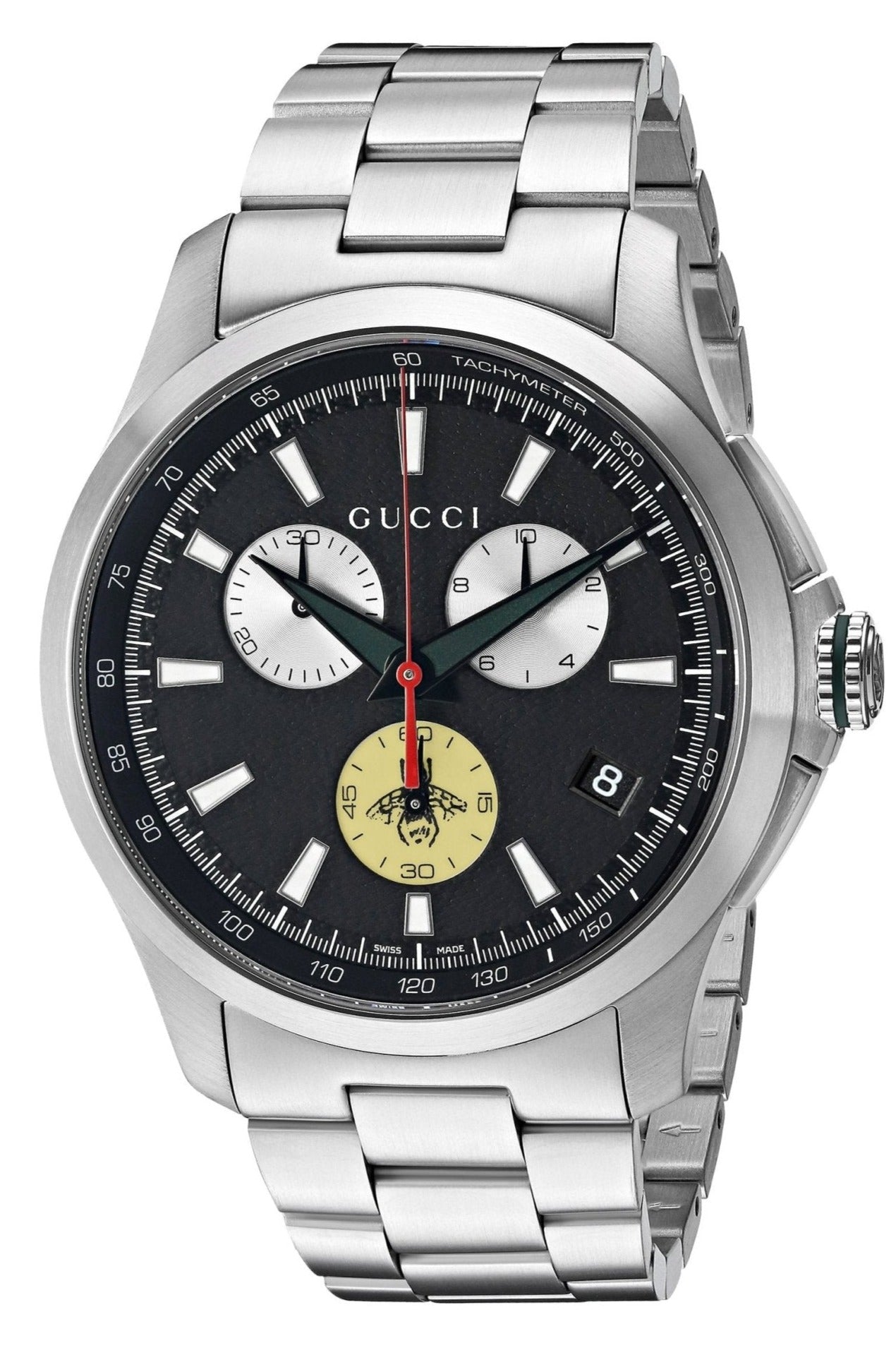 Gucci G-Timeless chronograph watch with black dial and stainless steel bracelet