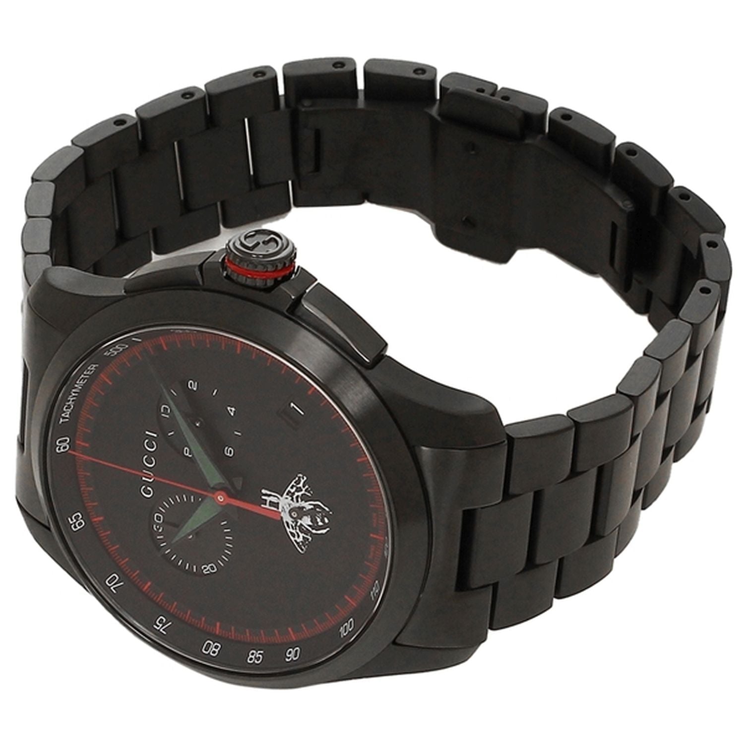Gucci G-Timeless black chronograph watch shown at angle with black steel bracelet