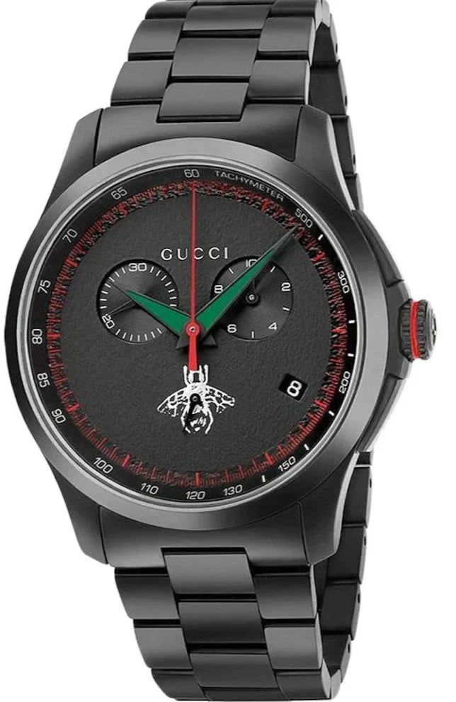Gucci G-Timeless black chronograph watch with red accents and Gucci bee logo