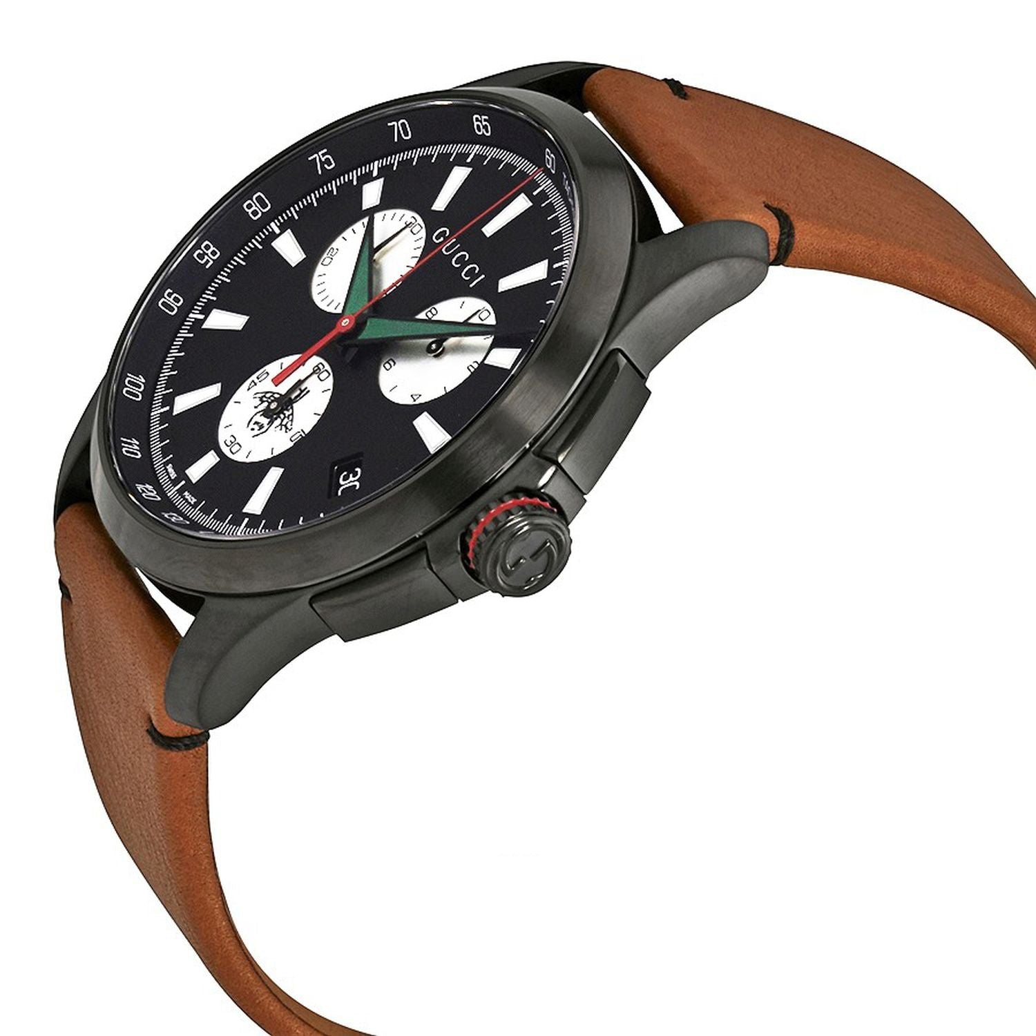 Gucci G-Timeless YA126271 chronograph watch at angle showing black case and brown leather strap