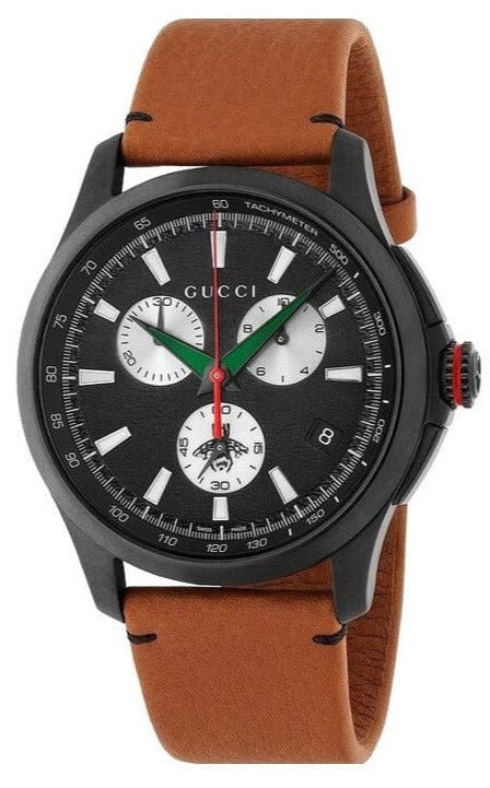Gucci G-Timeless YA126271 chronograph watch with black dial and brown leather strap