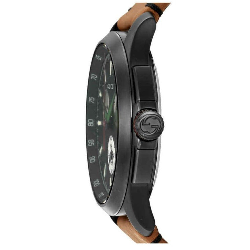 Gucci G-Timeless YA126271 chronograph watch side profile with brown leather strap