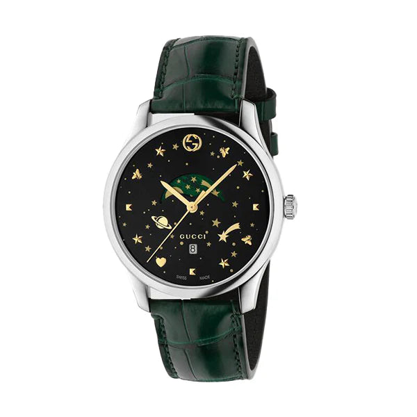 Gucci G-Timeless black dial watch with gold hour markers and hands, green leather strap, stainless steel case