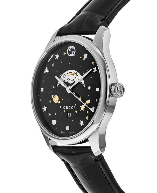 Side view of Gucci G-Timeless automatic watch with black leather strap and celestial dial design