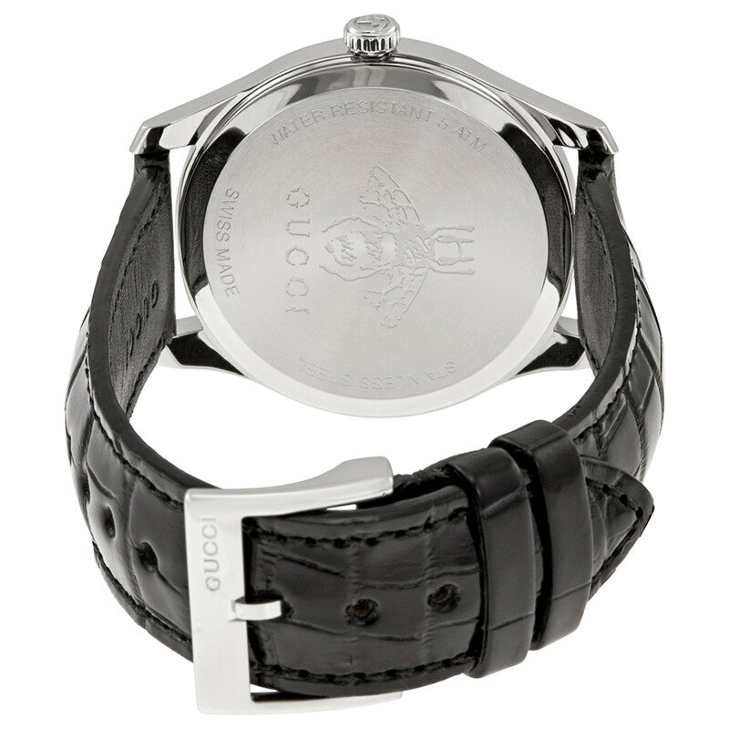Gucci G-Timeless caseback showing engraved Gucci branding on stainless steel case with black leather strap
