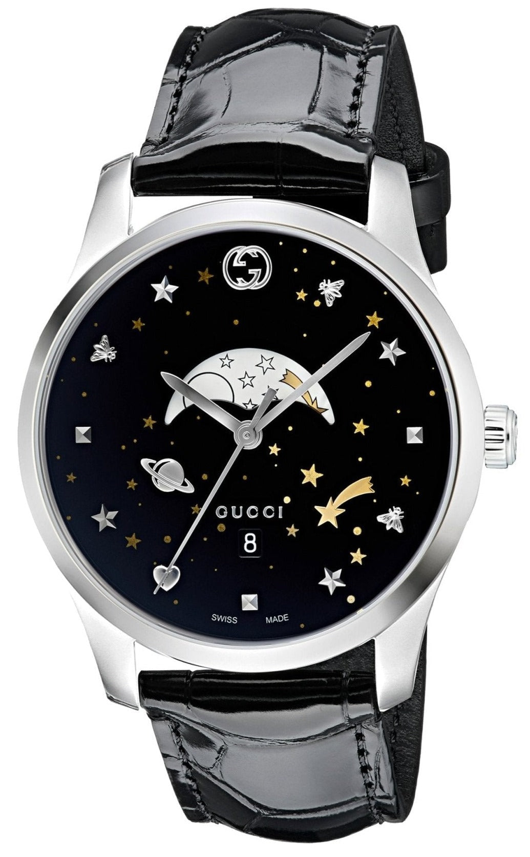 Gucci G-Timeless men's watch with black dial, moon phase complication, and celestial design on black leather strap