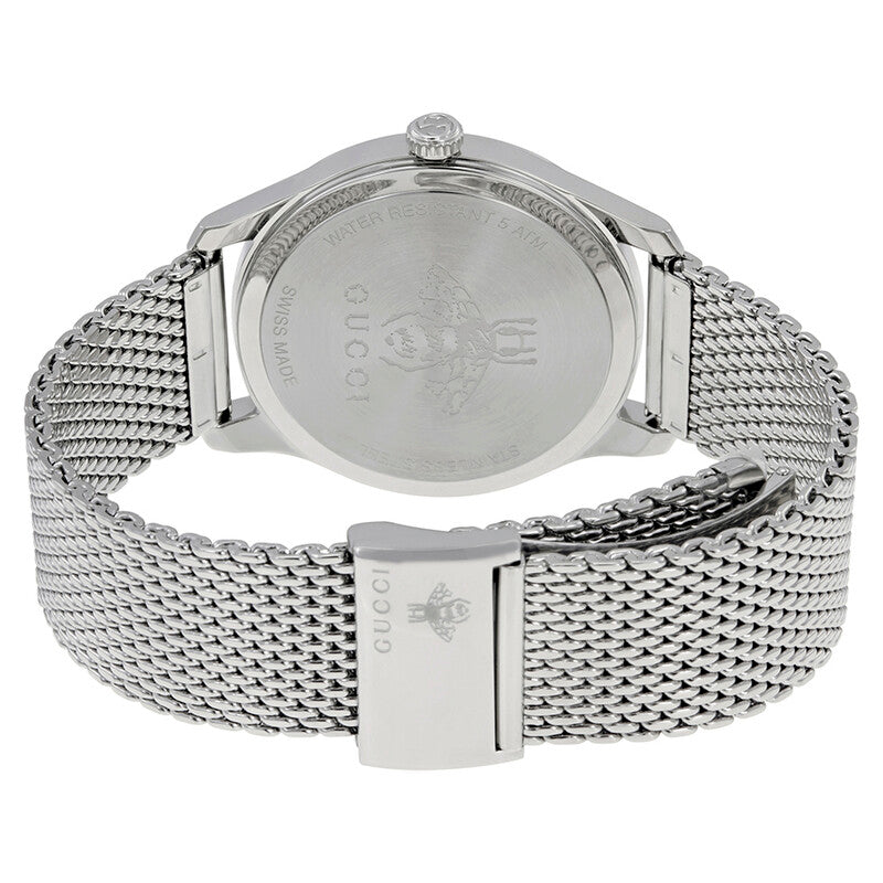 GUCCI G-Timeless caseback showing engraved Gucci logo and model reference