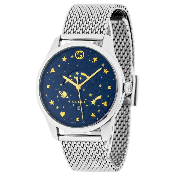 GUCCI G-Timeless Slim watch with blue moonphase dial and steel mesh bracelet