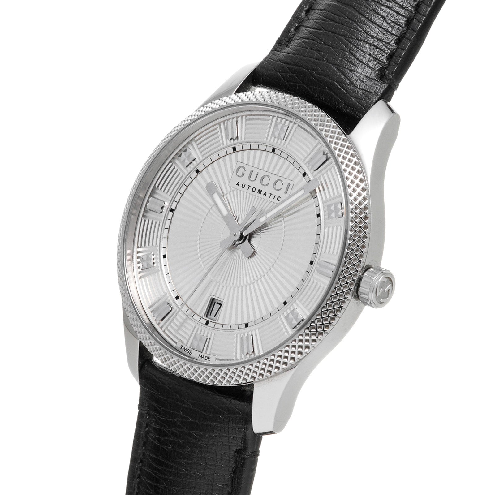 Side angle view of Gucci G-Timeless watch showing silver case, textured bezel, and black leather strap