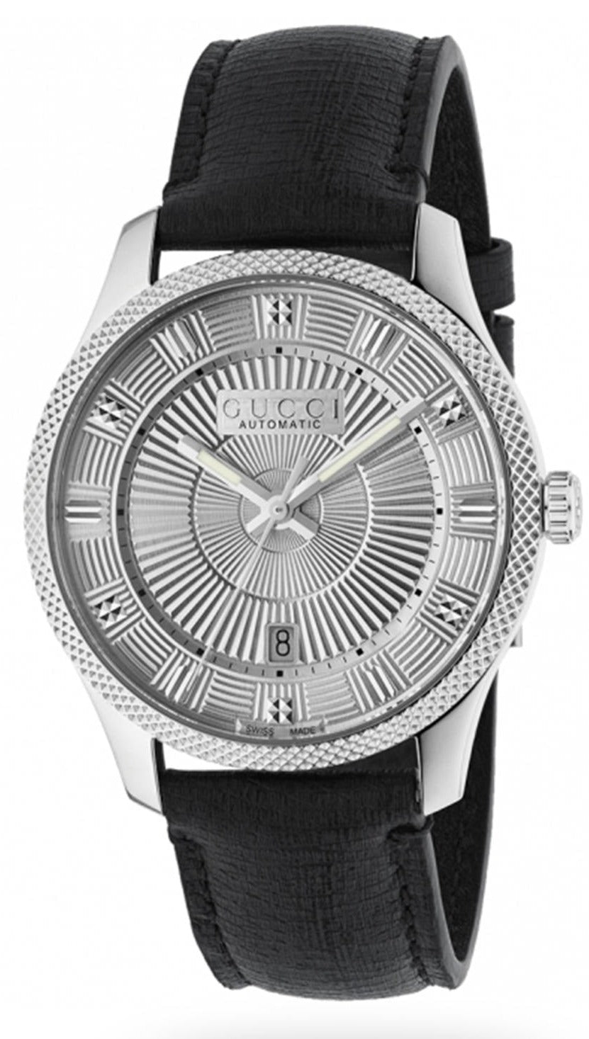 Gucci G-Timeless automatic men's watch with silver dial, stainless steel case, and black leather strap