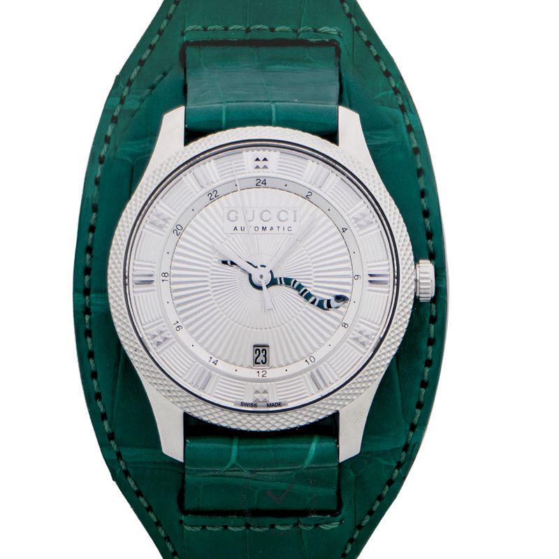 Gucci G-Timeless YA126344 automatic watch with silver dial and green leather strap