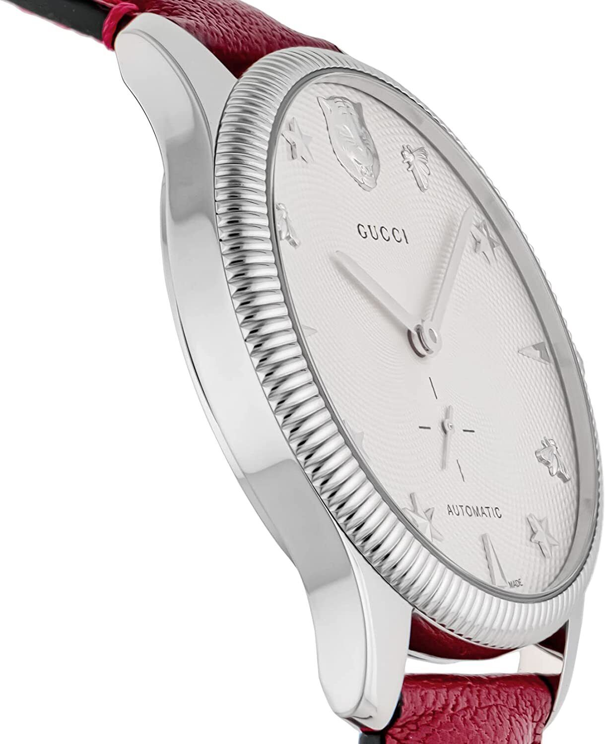 Side angle view of Gucci G-Timeless watch showing silver dial and red leather strap
