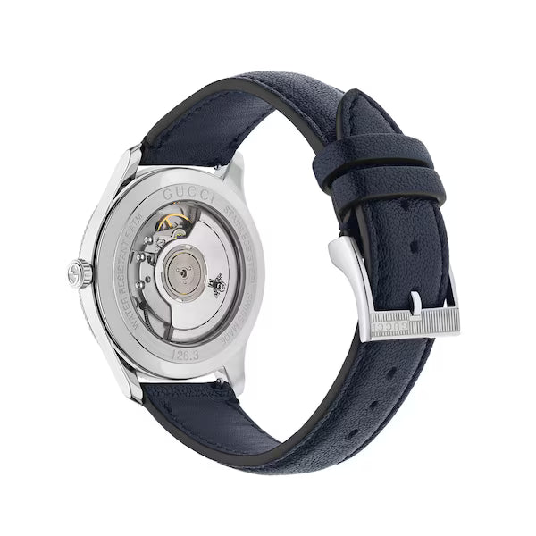 GUCCI G-Timeless caseback showing automatic movement with visible rotor
