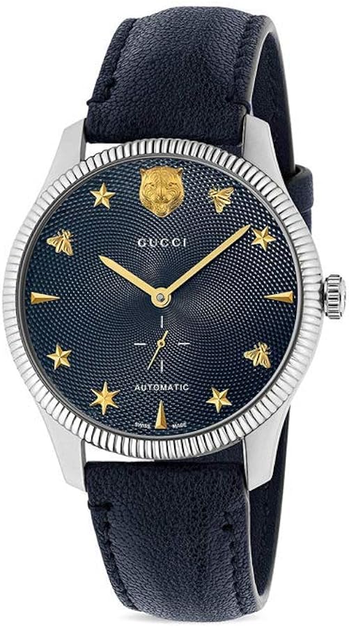 GUCCI G-Timeless 40MM automatic watch with blue dial, gold stars, and navy leather strap