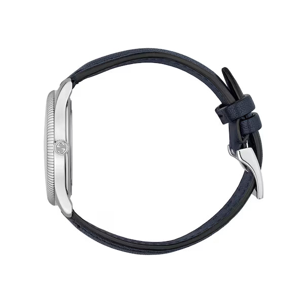 Navy leather strap with silver-tone buckle on GUCCI G-Timeless watch