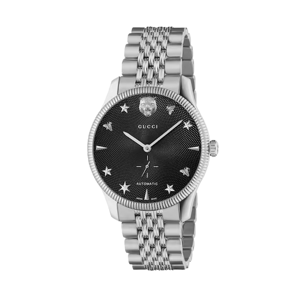 Gucci G-Timeless automatic men's watch with black dial, star markers, and stainless steel bracelet
