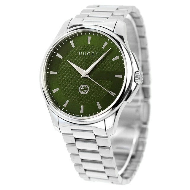 Gucci G-Timeless steel watch with green dial and silver bracelet, three-quarter view