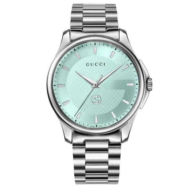 Gucci G-Timeless stainless steel watch with turquoise blue dial and bracelet
