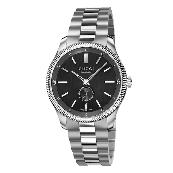 Gucci G-Timeless automatic watch with black dial, silver steel case, textured bezel, and three-link bracelet