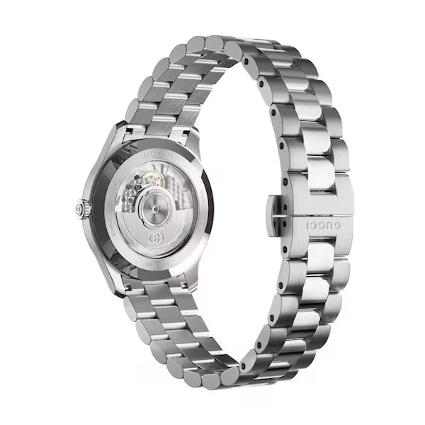 Gucci G-Timeless caseback showing the exposed dial mechanism through transparent case back