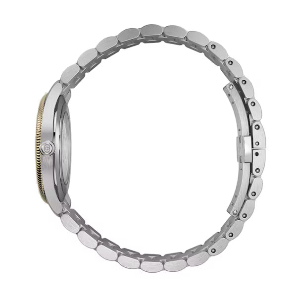 Side view of Gucci G-Timeless watch showing the profile and steel link bracelet
