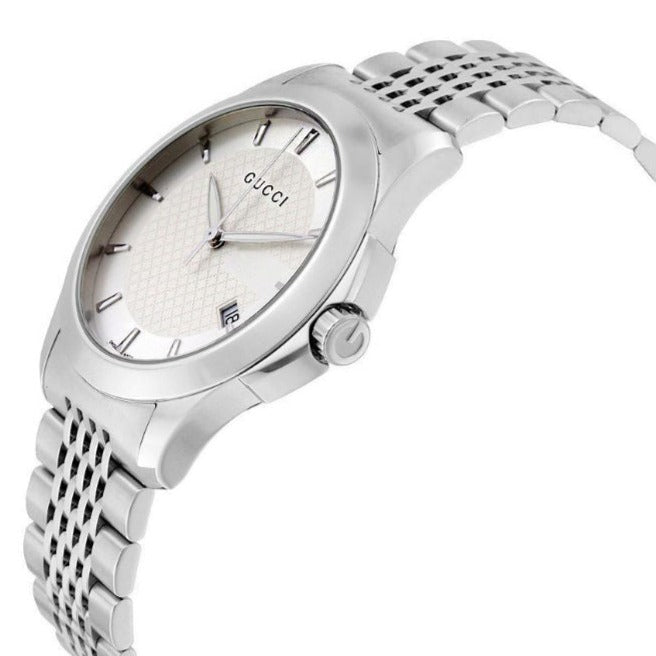 Gucci G Timeless watch shown at side angle with stainless steel bracelet