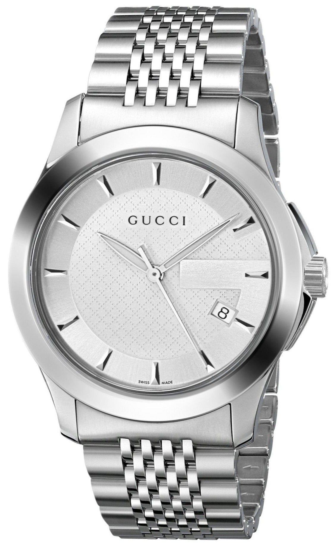 Gucci G Timeless stainless steel men's watch with silver dial and date window