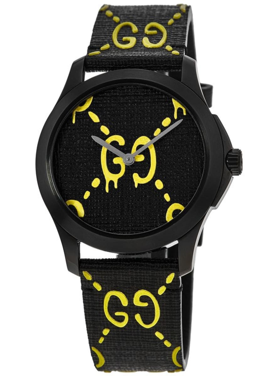 Gucci G-Timeless Ghost black dial watch with yellow GG print rubber strap