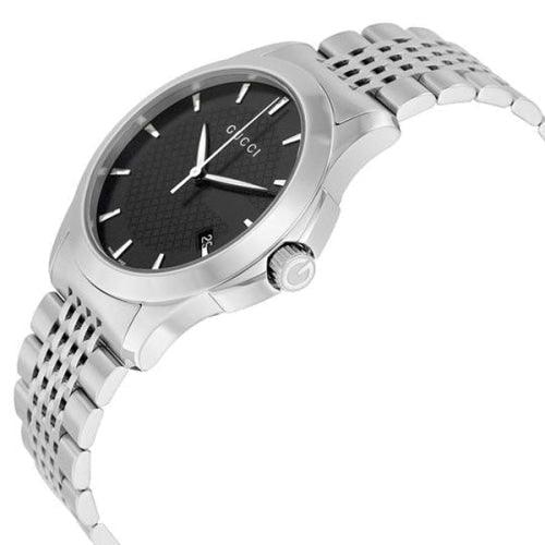 Gucci G Timeless watch angled view showing black dial and silver steel bracelet