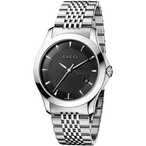 Gucci G Timeless men's watch with black dial, silver steel case and steel bracelet