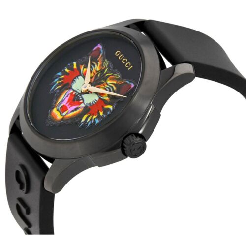 GUCCI G-Timeless watch angled view showing cat motif dial and black rubber strap