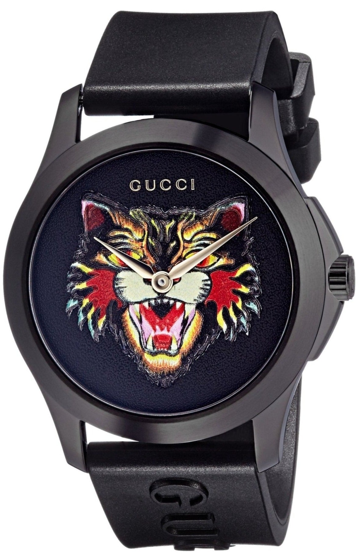 GUCCI G-Timeless 38MM watch with colorful tiger cat motif on black dial
