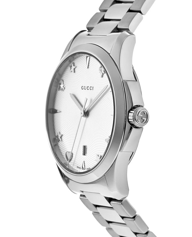Gucci G-Timeless watch side view showing stainless steel bracelet and case profile