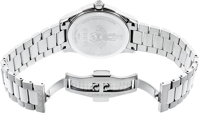 Gucci G-Timeless watch caseback and strap clasp detail in stainless steel