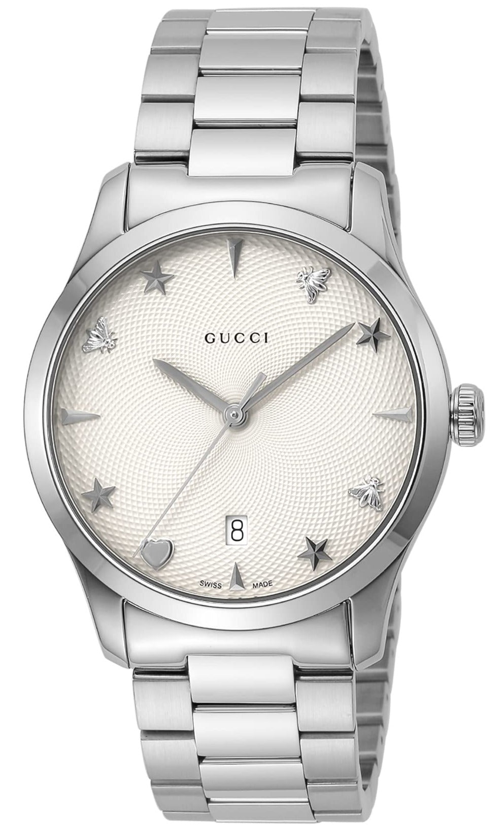 Gucci G-Timeless quartz watch with silver guilloché dial and stainless steel bracelet