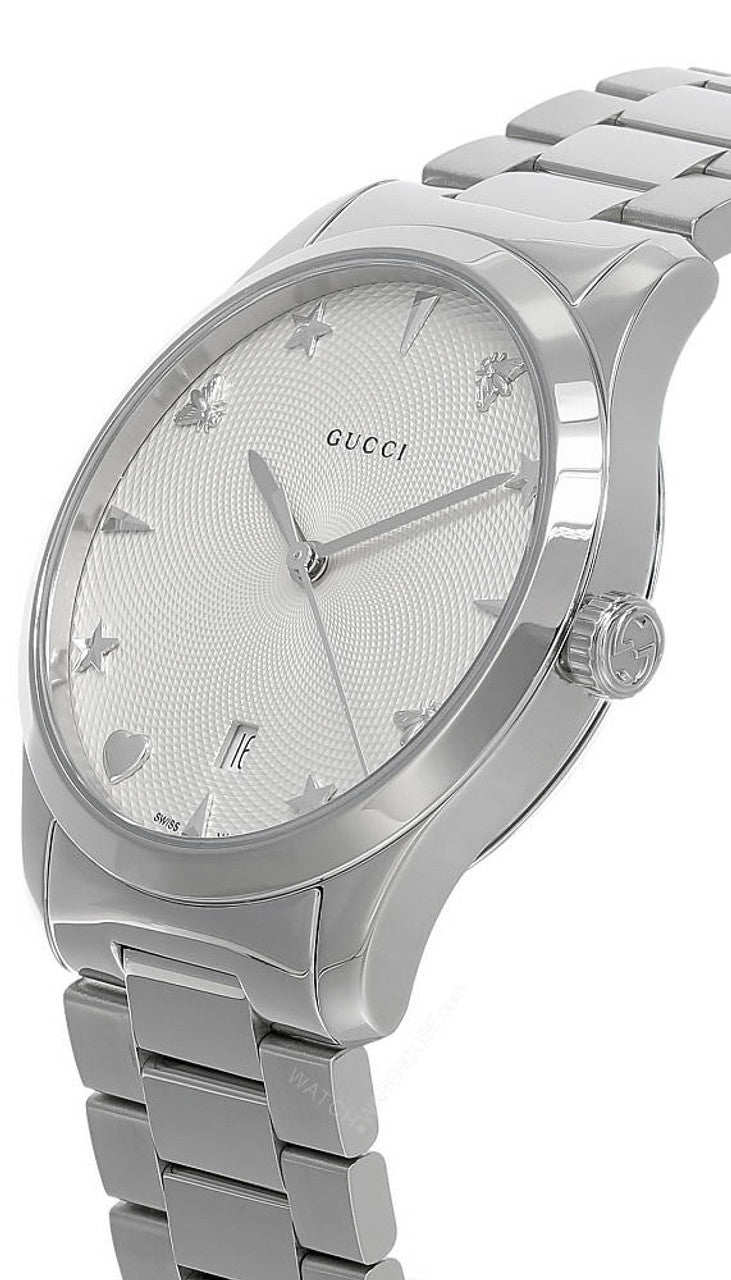Side view of Gucci G-Timeless watch showing stainless steel bracelet and case profile