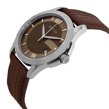 Gucci G-Timeless YA126403 brown dial watch with brown rubber strap angled view