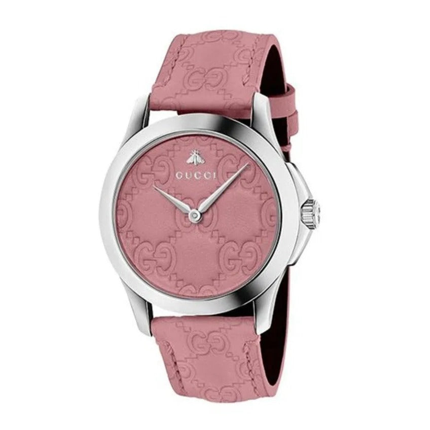 Side view of Gucci G-Timeless YA1264030 watch with pink leather strap