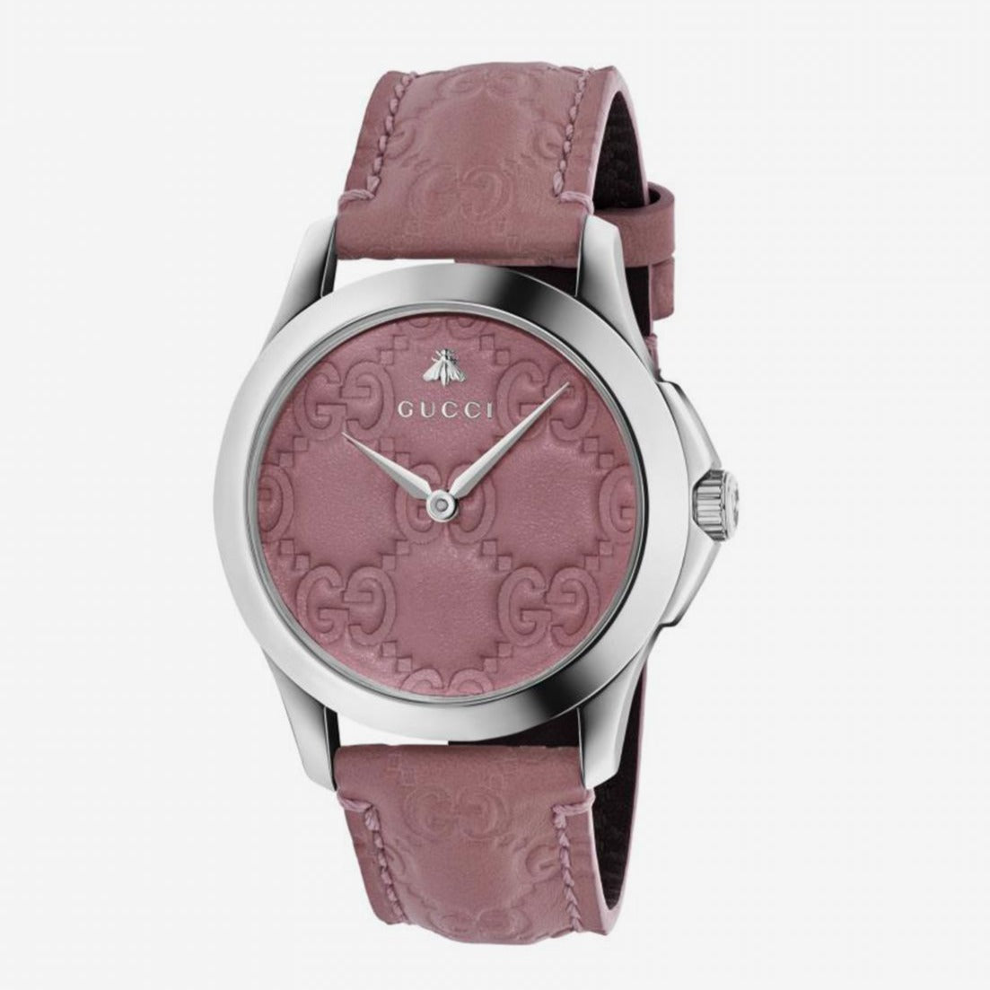 Gucci G-Timeless YA1264030 watch with stainless steel case and pink leather band