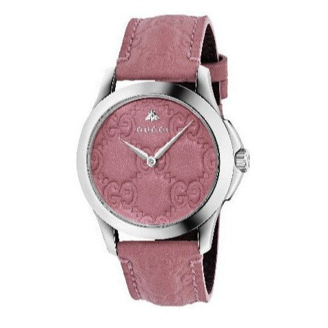 Gucci G-Timeless YA1264030 women's watch with candy pink dial and stitched strap