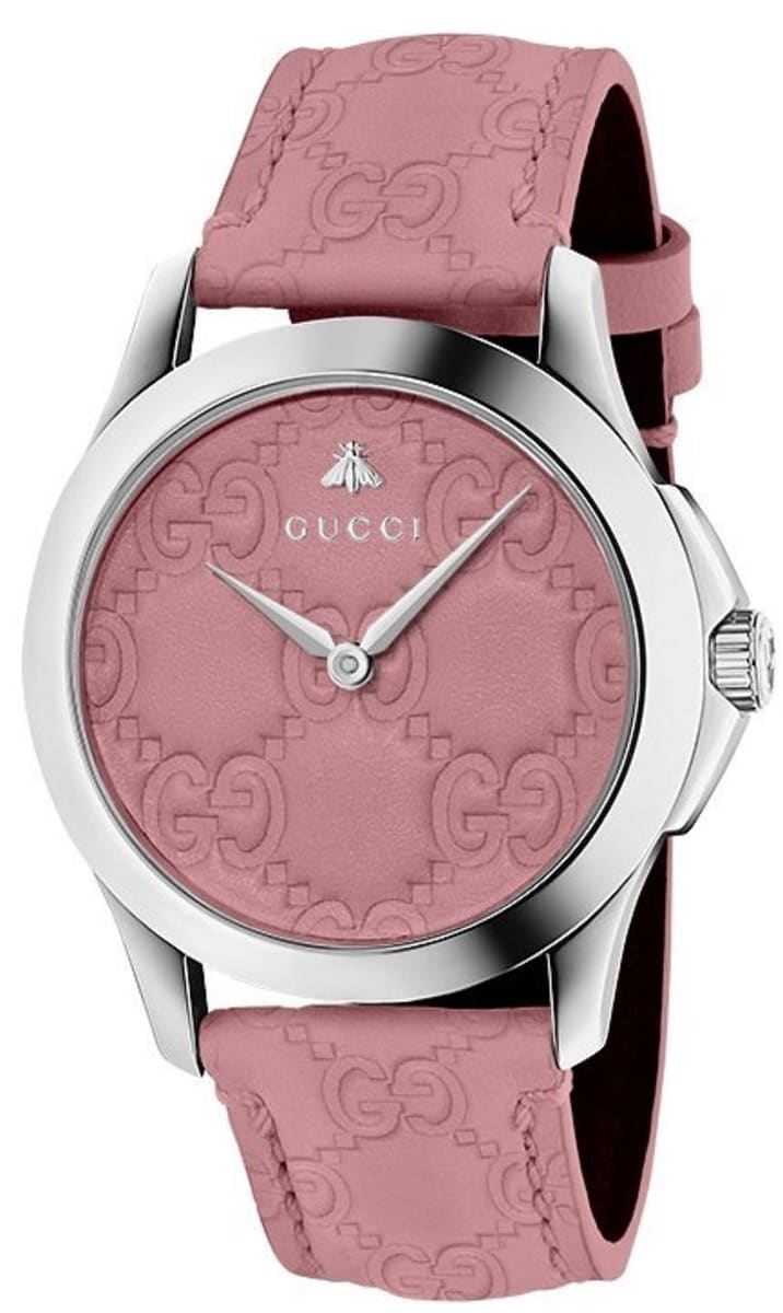 Gucci G-Timeless YA1264030 watch displaying candy pink dial with GG monogram