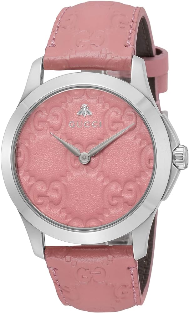 Gucci G-Timeless YA1264030 watch face with candy pink dial and GG pattern detail