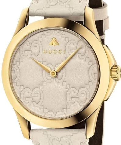 Gucci G-Timeless 38mm watch white dial GG pattern gold case and hands