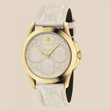 Gucci G-Timeless gold watch white dial GG pattern white leather strap